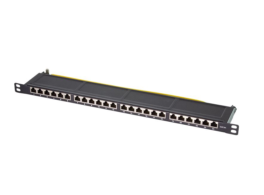 Cat.6A 19" patch panel 24-port STP, black, 0.5 U