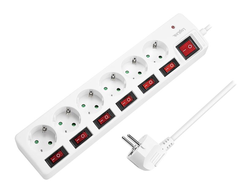 LogiLink Power strip 6-way with 7 switches, 6x CEE 7/3, white — produktfoto