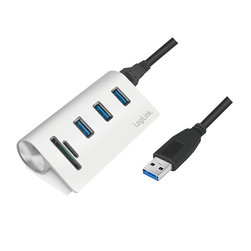 USB 3.0, 3-port hub, with card reader and aluminum casing