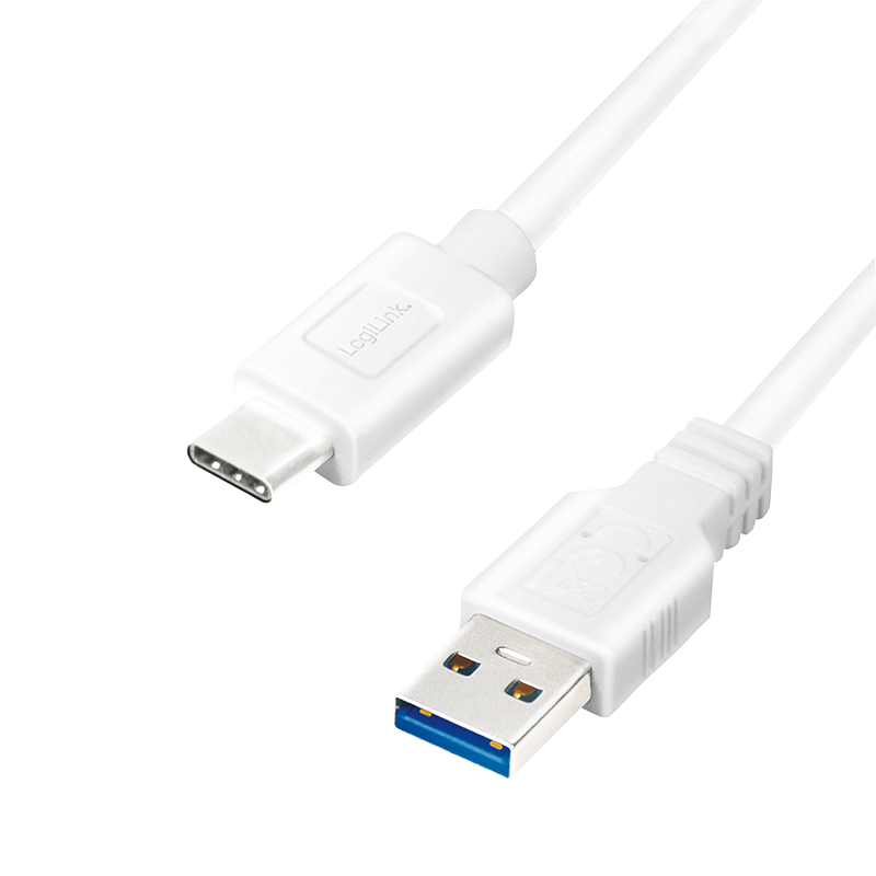 USB 3.2 Gen1x1 cable, USB-A male to USB-C male, white, 0.15m