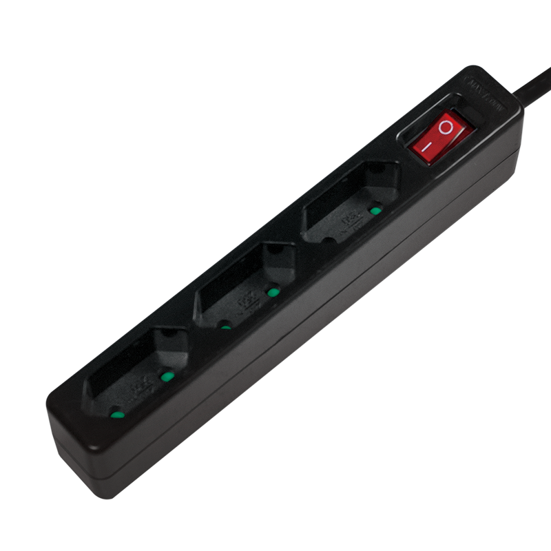 Socket outlet 3-way with switch, slim, 1.5m, black