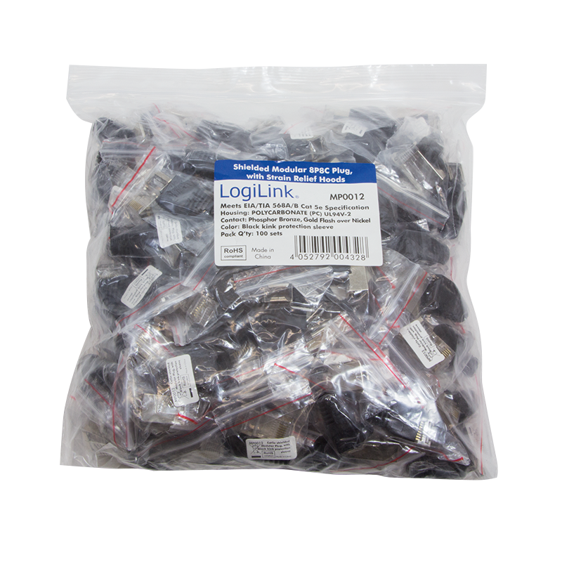 Modular plug Cat.5e with strain relief hood, 100 pcs, black