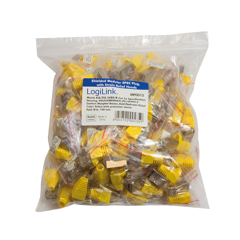 Modular plug Cat.5e with strain relief hood, 100 pcs, yellow
