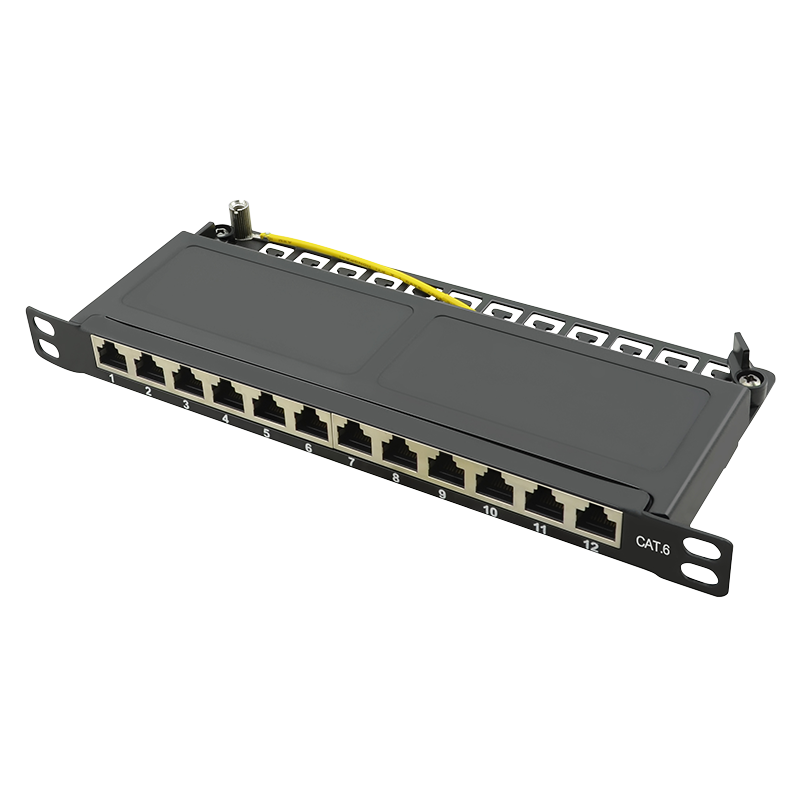 Cat.6 patch panel 10" mount, 12-port, STP, black, 0.5 U