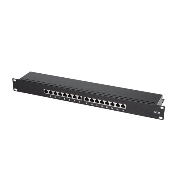 Cat.6A patch panel 16-port STP, black, fully shielded