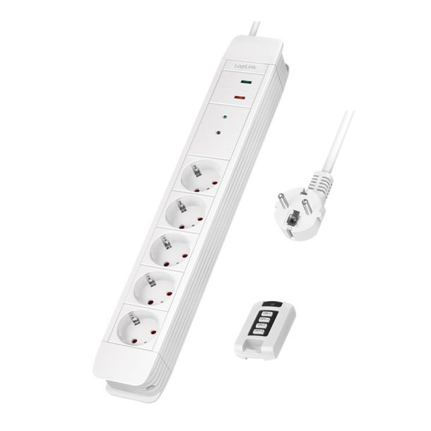 LogiLink Socket outlet 5-way + remote control for 2, 5x CEE 7/3, 1.5 m, white