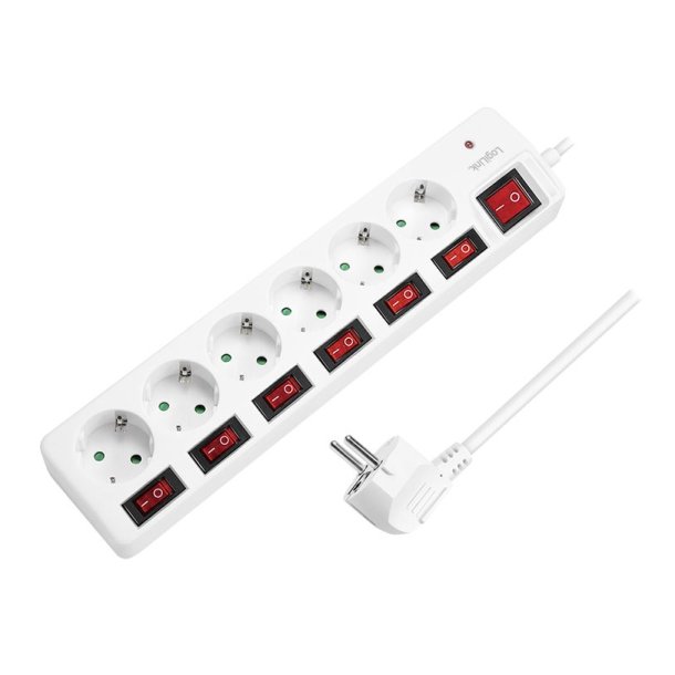 LogiLink Power strip 6-way with 7 switches, 6x CEE 7/3, white