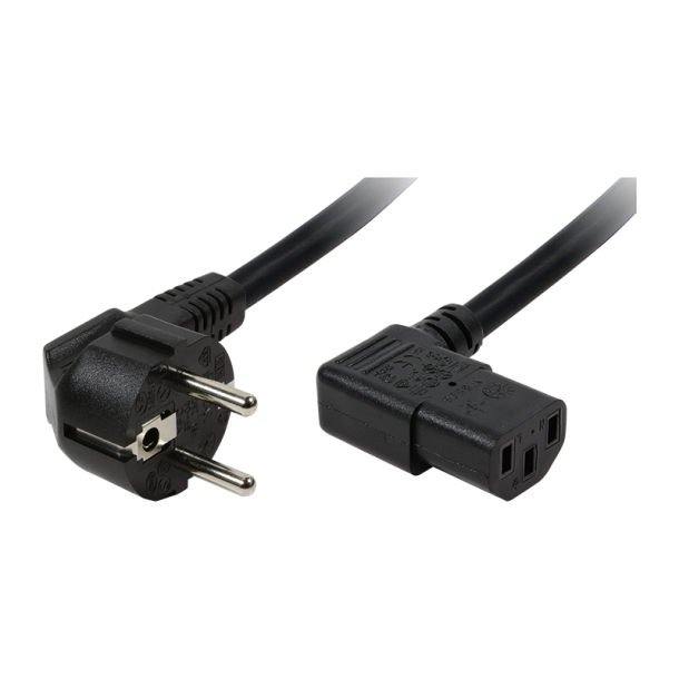 Power cord, safety plug 90° to IEC C13 female, 2m, black