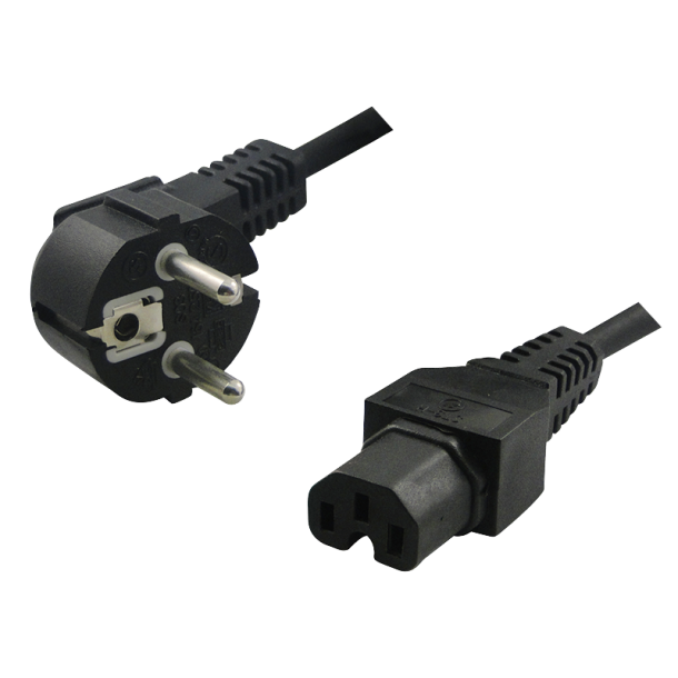 Power cord, safety plug 90° to IEC C15 female, 2m, black