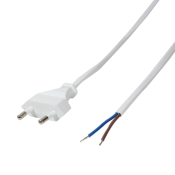 Power cord, Euro male to open wire, 1.5m, white