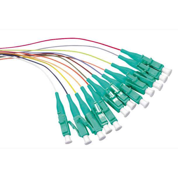 Colored pigtail set 12 x LC, OM3, 2m, turquoise connector