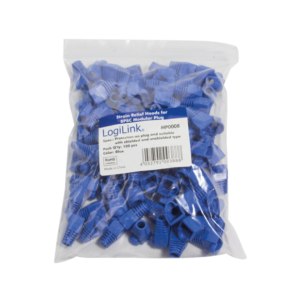 Strain relief hoods for modular plugs, 100 pcs, blue