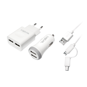 USB charger set, 1x car charger & 1x USB charger, 2 ports