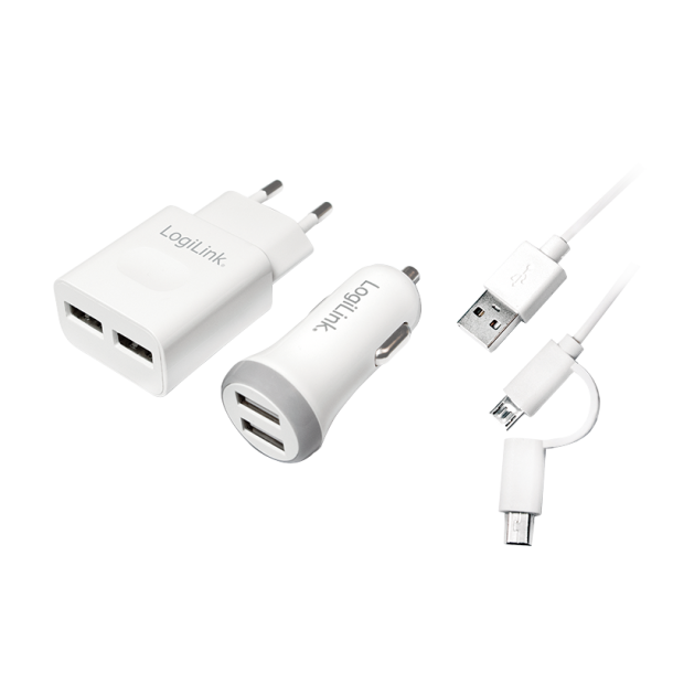 USB charger set, 1x car charger & 1x USB charger, 2 ports