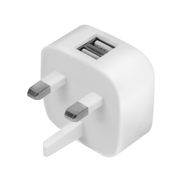 UK Plug USB power socket adapter, 2x USB ports, 10.5W, white