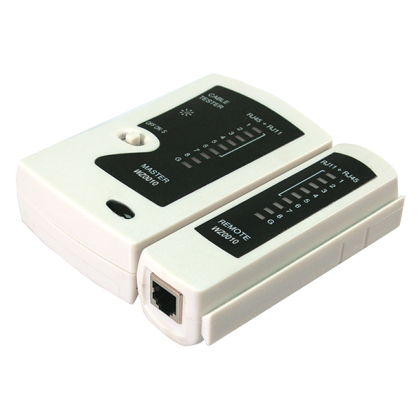 Cable tester for RJ11, RJ12 and RJ45 with remote unit