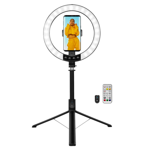 Smartphone ring light with selfie stick tripod, remote shutter,  25 cm