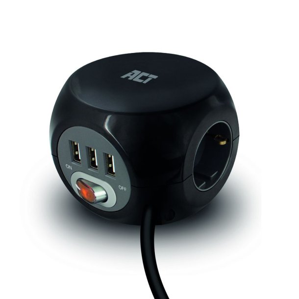 ACT Power socket cube (PDU) with 3 sockets type F, 3 USB-A ports, 1.5m, black