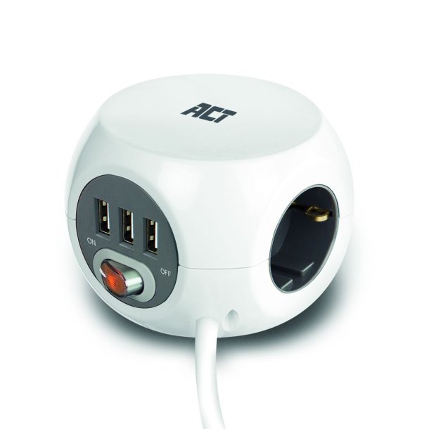 ACT Power socket cube (PDU) with 3 sockets type F, 3 USB-A ports, 3m