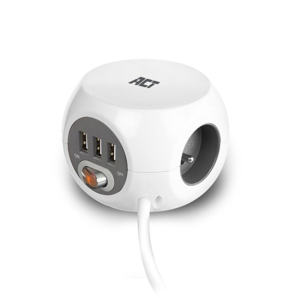 ACT Power socket cube (PDU) with 3 sockets type E, 3 USB-A ports, 1.5m, white