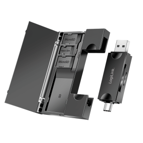 LogiLink USB 3.2 Gen1 card reader for SD- & microSD cards, with memory card storage
