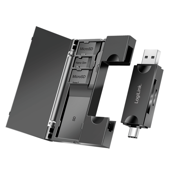 LogiLink USB 3.2 Gen1 card reader for SD- & microSD cards, with memory card storage