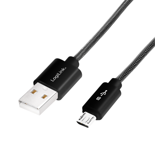 USB 2.0 cable, USB-A/M to Micro-USB/M, nylon, alu, black, 2 m