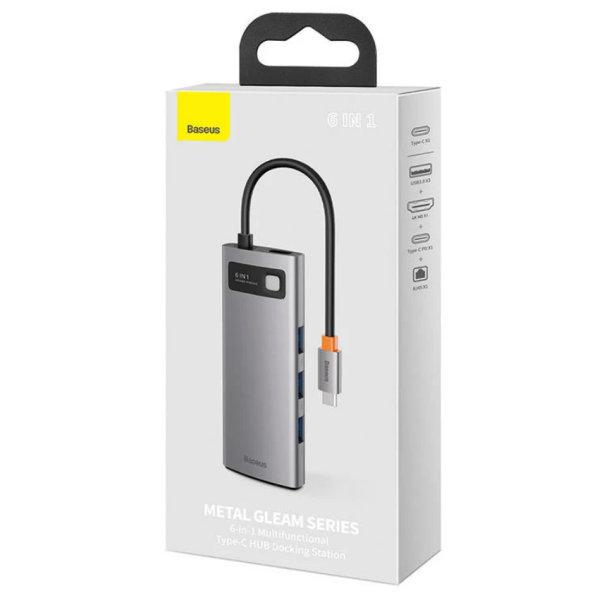 BASEUS HUB 6IN1 METAL GLEAM SERIES CAHUB-CW0G, USB-C TIL 3X USB 3.0 + HDMI + USB-C PD + ETHERNET RJ45