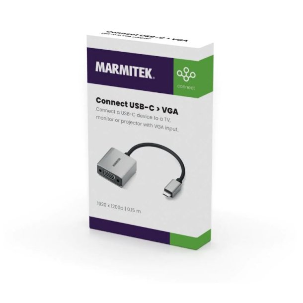 Marmitek USB-C to VGA adapter. Supports resolutions up to 1920 x 1200 at 60 Hz