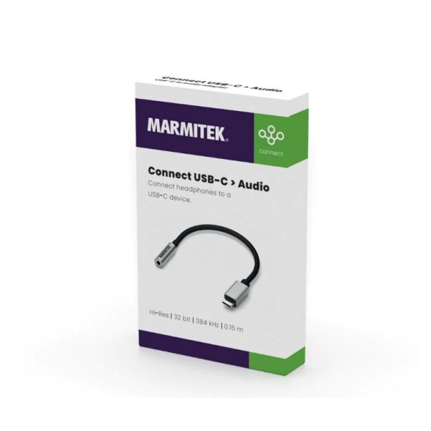 Marmitek USB-C to Mini Jack adapter. Supports 44.1 kHz, 48 kHz, 96 kHz, 192 kHz and 384 kHz.