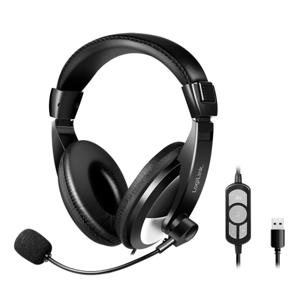 LogiLink Stereo headset with controller, 1x USB-A plug, boom microphone, black