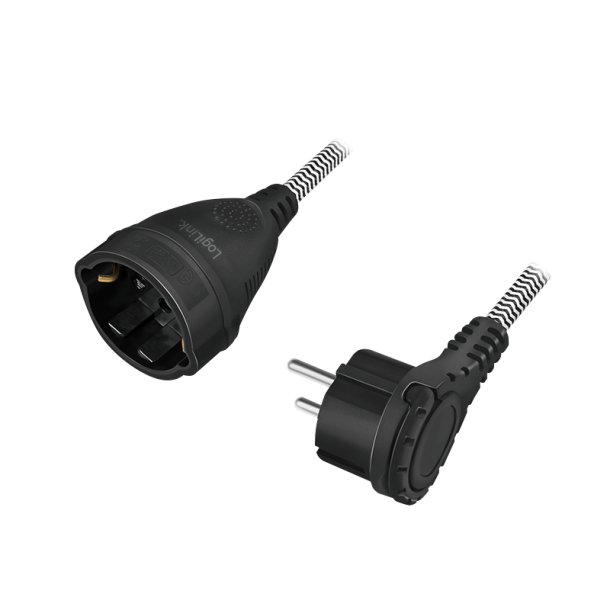 Power cord extension, CEE 7/7 to CEE 7/3, textile cable, black/grey, 3 m