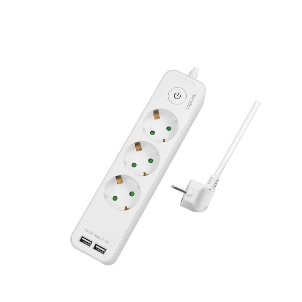 LogiLink Socket outlet 3-way + switch, 3x CEE 7/3 + 2x USB-A, 1.5 m, white