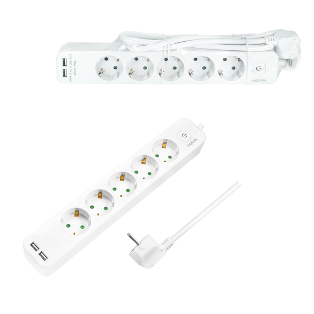 LogiLink Socket outlet 5-way + switch, 5x CEE 7/3 + 2x USB-A, 1.5 m, white