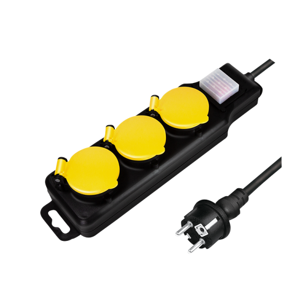 Socket outlet 3-way + switch, 3x CEE 7/3, outdoor, 1.5 m, black/yellow