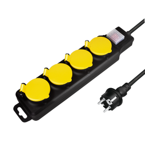Socket outlet 4-way + switch, 4x CEE 7/3, outdoor, 1.5 m, black/yellow