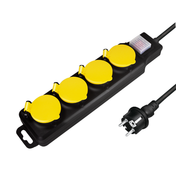 Socket outlet 4-way + switch, 4x CEE 7/3, outdoor, 1.5 m, black/yellow