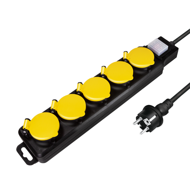 Socket outlet 5-way + switch, 5x CEE 7/3, outdoor, 1.5 m, black/yellow