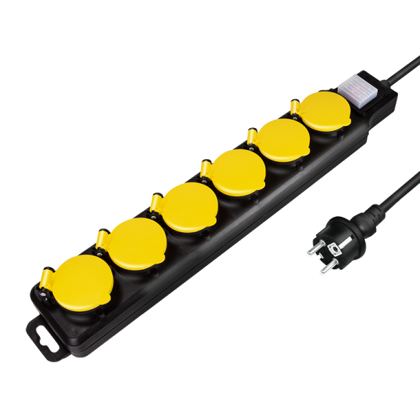 Socket outlet 6-way + switch, 6x CEE 7/3, outdoor, 1.5 m, black/yellow