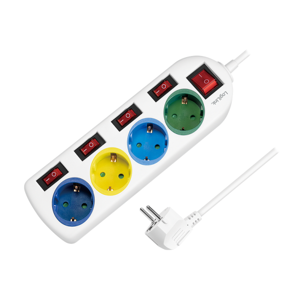 Power strip 4-way with 5 switches, 4x CEE 7/3, multicolor