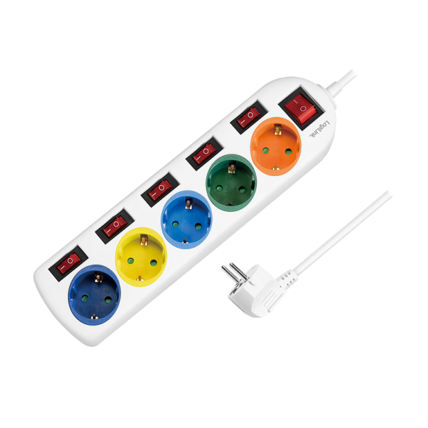 Power strip 5-way with 6 switches, 5x CEE 7/3, multicolor