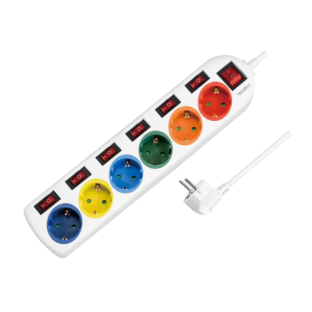 Power strip 6-way with 7 switches, 6x CEE 7/3, multicolor