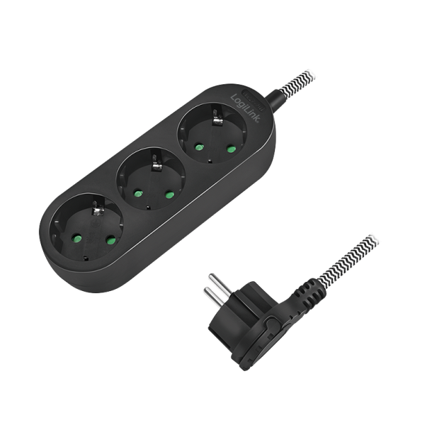 Power strip 3-way, 3x CEE 7/3, textile cable, black