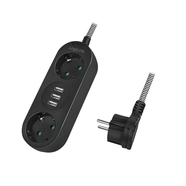 Power strip 2-way, 2x CEE 7/3 + 3x USB-A, textile cable, black