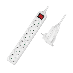 Socket outlet 7-way + switch, 6x CEE 7/3 + 1 pass-through plug, 2 m