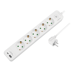 LogiLink Socket outlet 5-way + switch, 5x CEE 7/3, 1x USB-A, 1x USB-C, 1.5 m, white