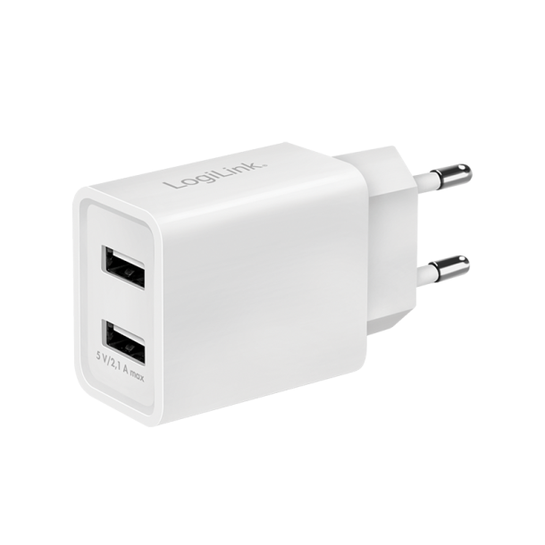 USB wall charger, 2x USB port, 10.5W, white