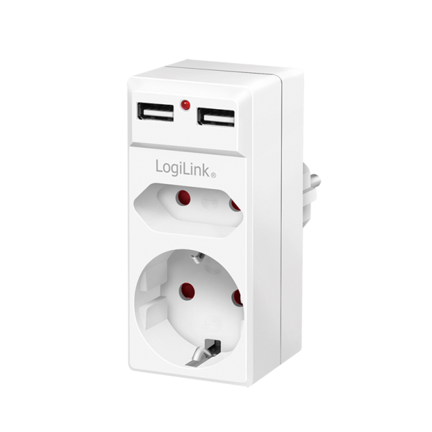 LogiLink Socket adapter, 1x CEE7/16 + 1x CEE7/3 + 2x USB-A