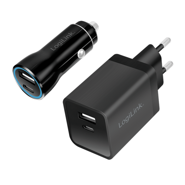 USB charger set, car & AC, USB-C/F + USB-A/F, 5 V/15 W, black