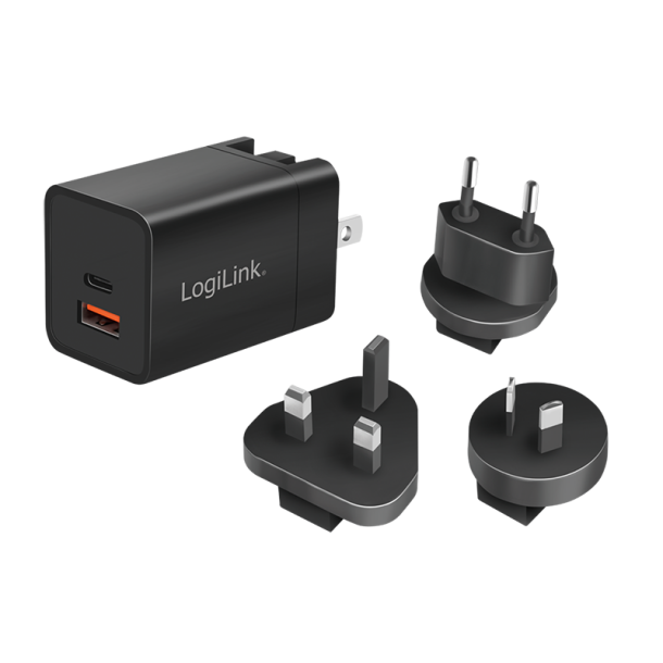 USB socket travel adapter, 1x USB-A, 1x USB-C, GaN-Technology, 30 W